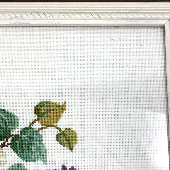 Vintage Completed & Framed Floral Cross Stitch Lilac Needlework Textile Wall Art - Picture 6 of 7